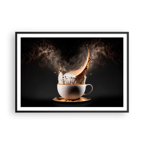 Affiche dans un cadre noir - Poster - Une tasse de café avec une explosion dynamique de liquide sur fond noir. - 100x70cm - Une explosion de saveur - Décoration murale moderne pour le salon et la chambre ARTTOR