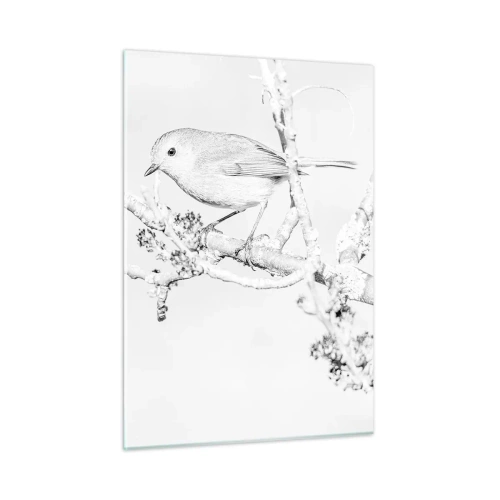 Impression sur verre - Image sur verre - Un oiseau perché sur une branche dans une scène hivernale monochrome. - 50x70cm - Matin d'hiver - Décoration murale moderne pour le salon et la chambre ARTTOR