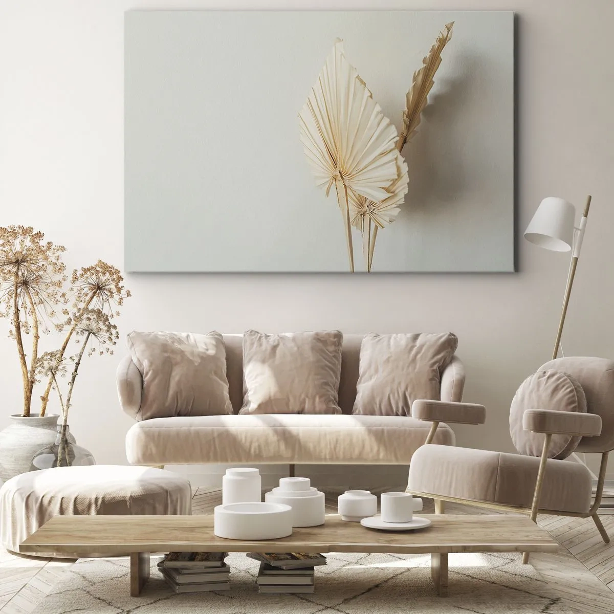 Impression sur toile - Image sur toile - Feuilles de palmier séchées dans un arrangement minimaliste - 70x50cm - Quand tu dois t’apaiser - Décoration murale moderne pour le salon et la chambre ARTTOR