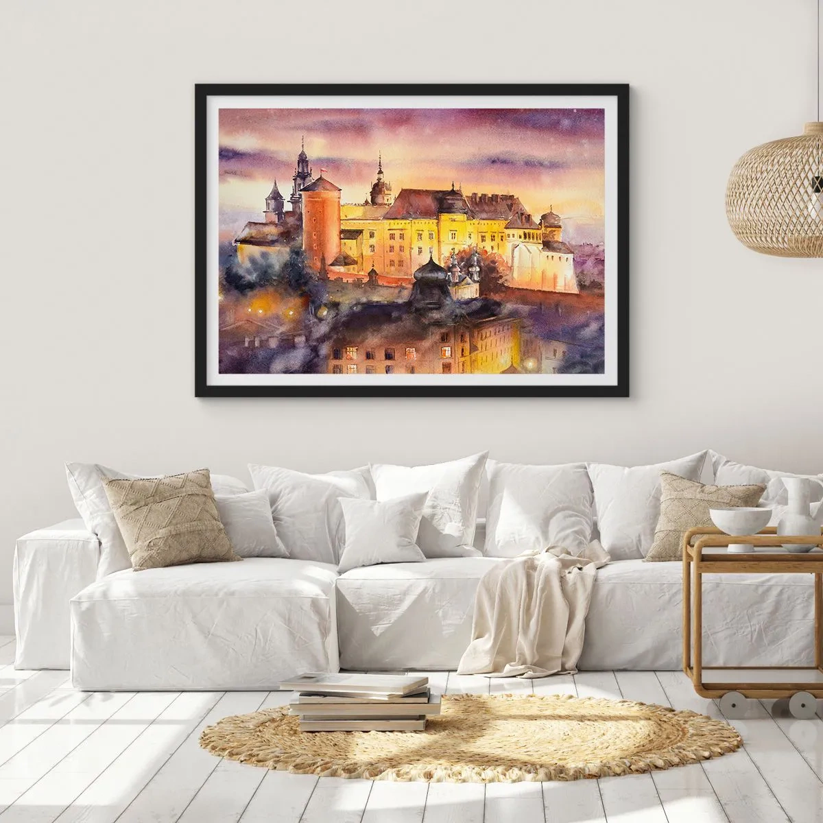 Affiche dans un cadre noir - Poster - Une aquarelle pittoresque d'un château au coucher du soleil - 70x50cm - Histoire et conte de fées - Décoration murale moderne pour le salon et la chambre ARTTOR