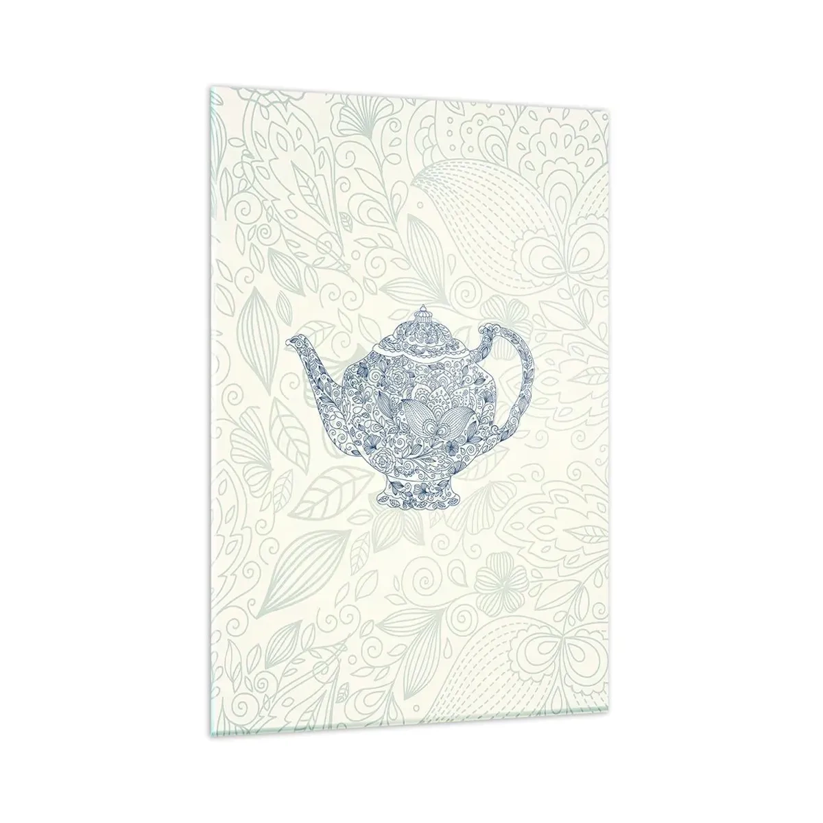 Impression sur verre - Image sur verre - Dessin décoratif d'une théière avec des ornements bleus - 80x120cm - Le charme du thé - Décoration murale moderne pour le salon et la chambre ARTTOR