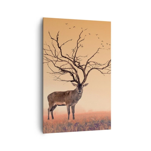 Impression sur toile - Image sur toile - Un graphique de cerf fantaisie avec des branches au lieu de bois - 80x120cm - Cerf de Pra - l'esprit éternel de la forêt - Décoration murale moderne pour le salon et la chambre ARTTOR