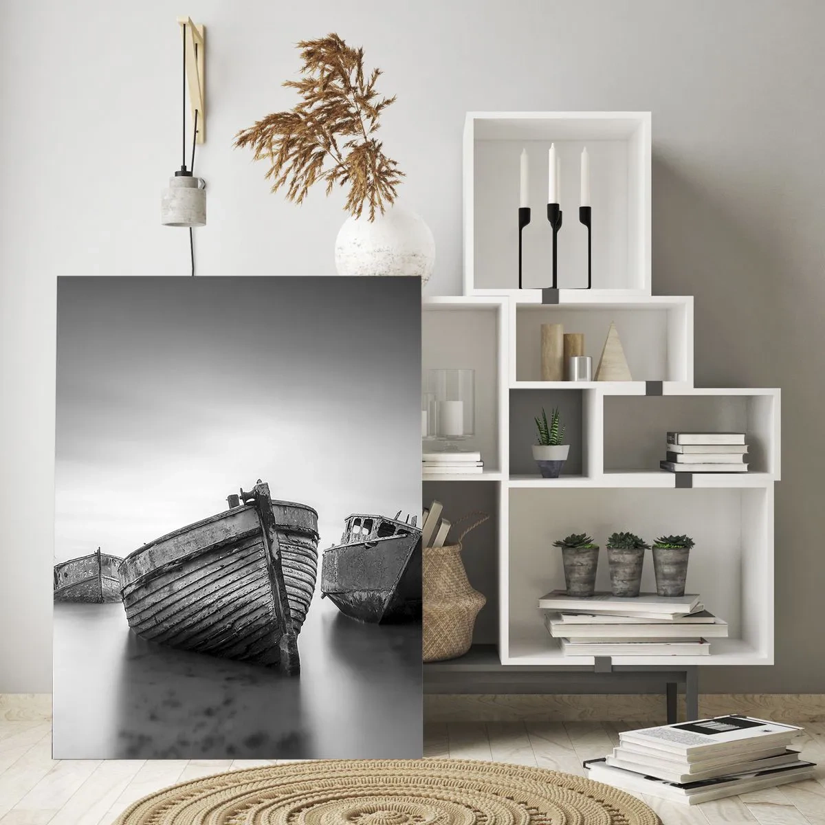 Impression sur verre - Image sur verre - Bateaux abandonnés sur une eau calme - 80x120cm - Cùest déjà un souvenir... - Décoration murale moderne pour le salon et la chambre ARTTOR