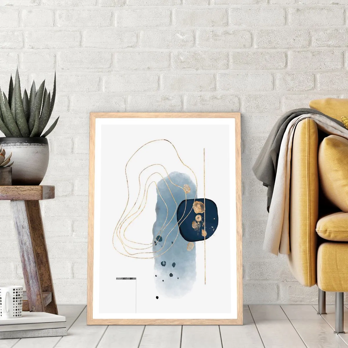 Affiche dans un chêne clair - Poster - Fantaisie bleu et or - 61x91 cm