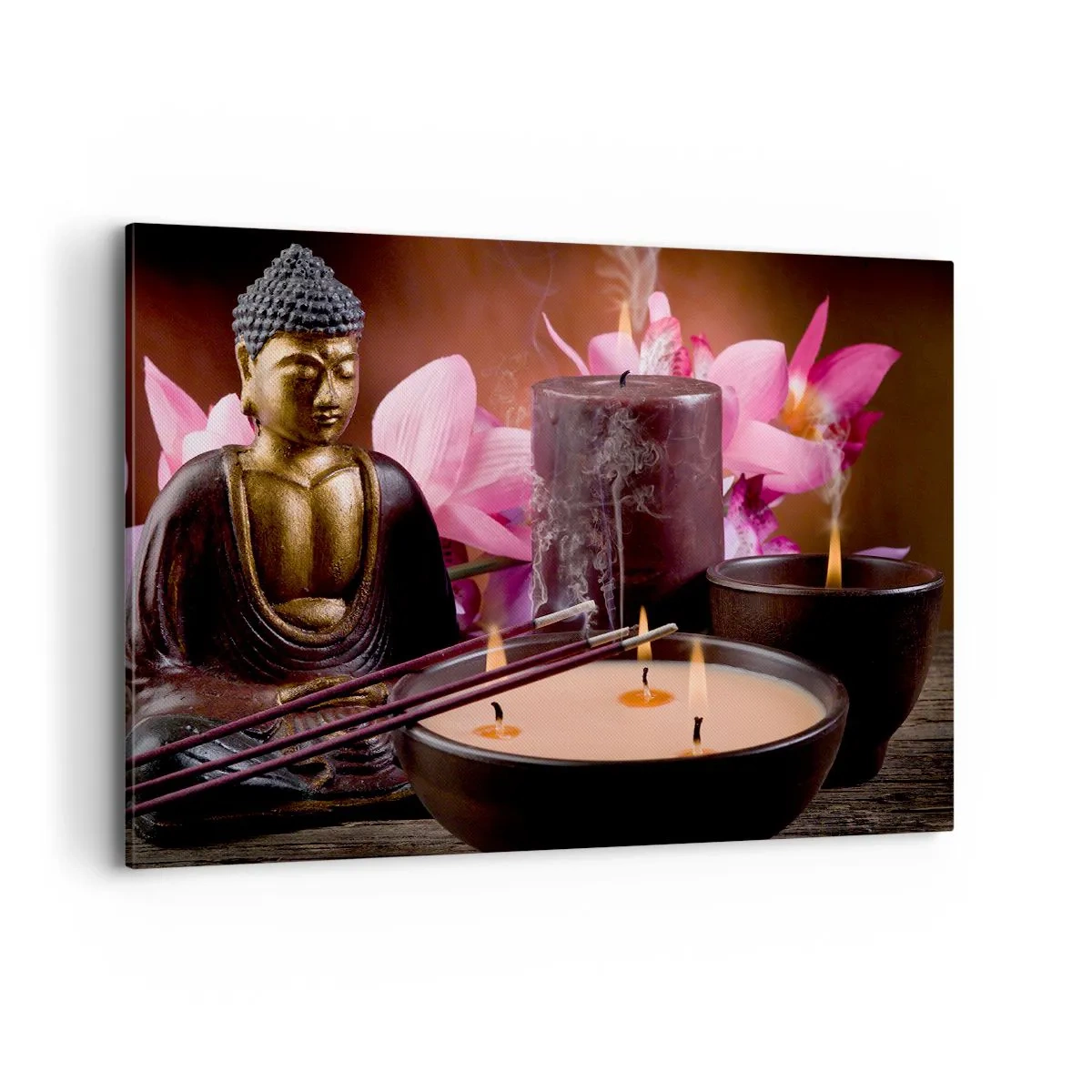 Impression sur toile - Image sur toile - Figurine de Bouddha avec bougies allumées et bâtons d'encens - 100x70cm - Vider l'esprit, calmer le corps - Décoration murale moderne pour le salon et la chambre ARTTOR