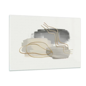 Impression sur verre - Image sur verre - Abstraction avec des taches grises et des lignes dorées sur un fond clair - 120x80cm - Durée et mouvement - Décoration murale moderne pour le salon et la chambre ARTTOR