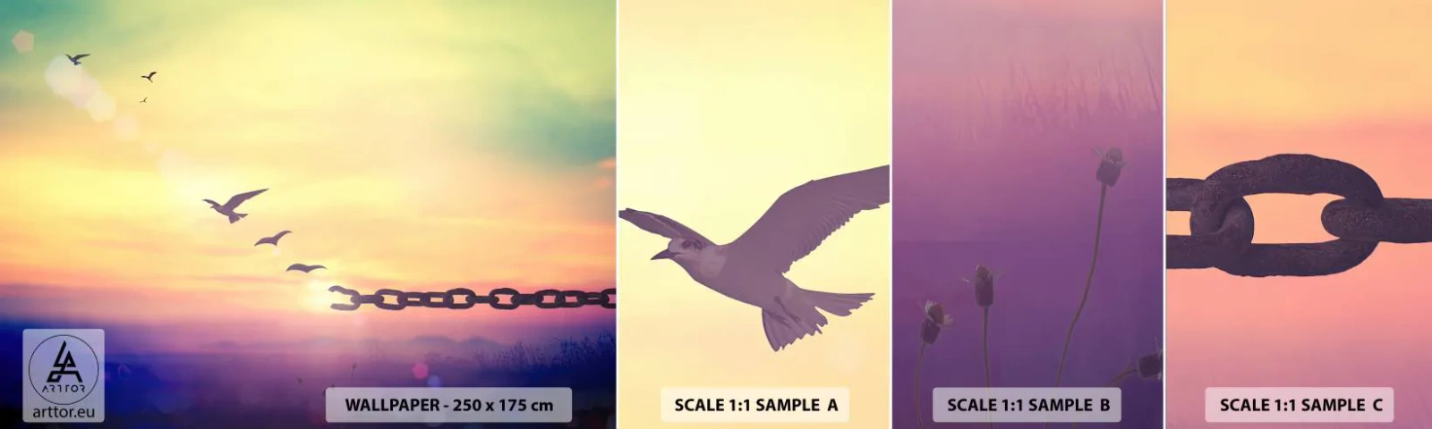 Échantillon de Papier Peint Autocollant Deluxe Sticker - La victoire de la liberté - Abstraction, Des oiseaux, Morceau - 100x30 cm