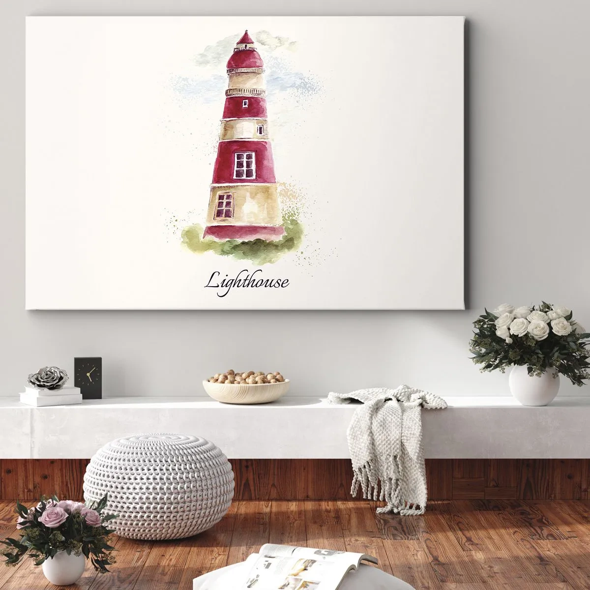 Impression sur toile - Image sur toile - Une aquarelle représentant un phare sur fond clair avec une inscription - 100x70cm - Il y a toujours beau temps autour - Décoration murale moderne pour le salon et la chambre ARTTOR