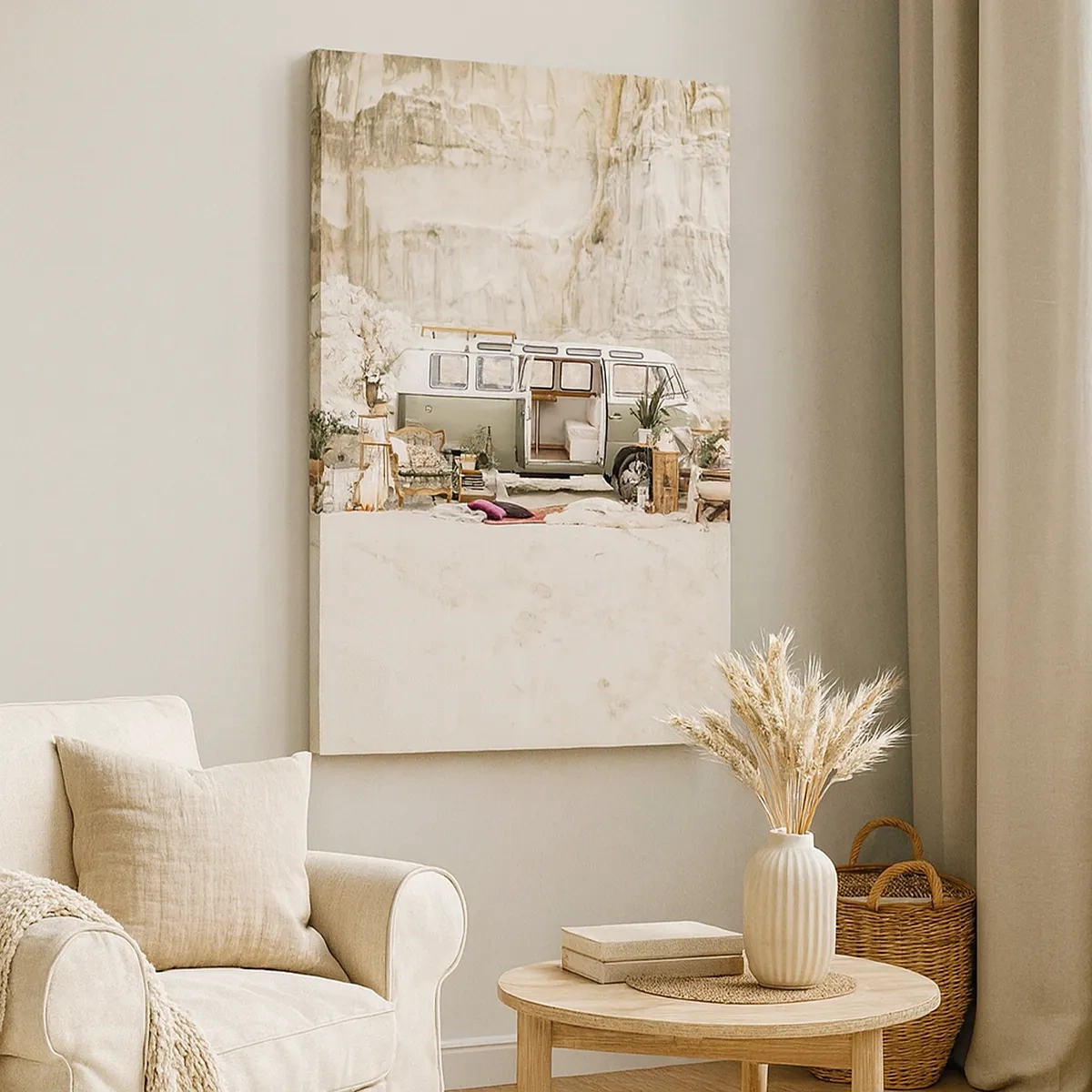 Impression sur toile - Image sur toile - Un camping-car rétro au design bohème sur fond de paysage rocheux. - 50x70cm - Il est temps de commencer le voyage - Décoration murale moderne pour le salon et la chambre ARTTOR