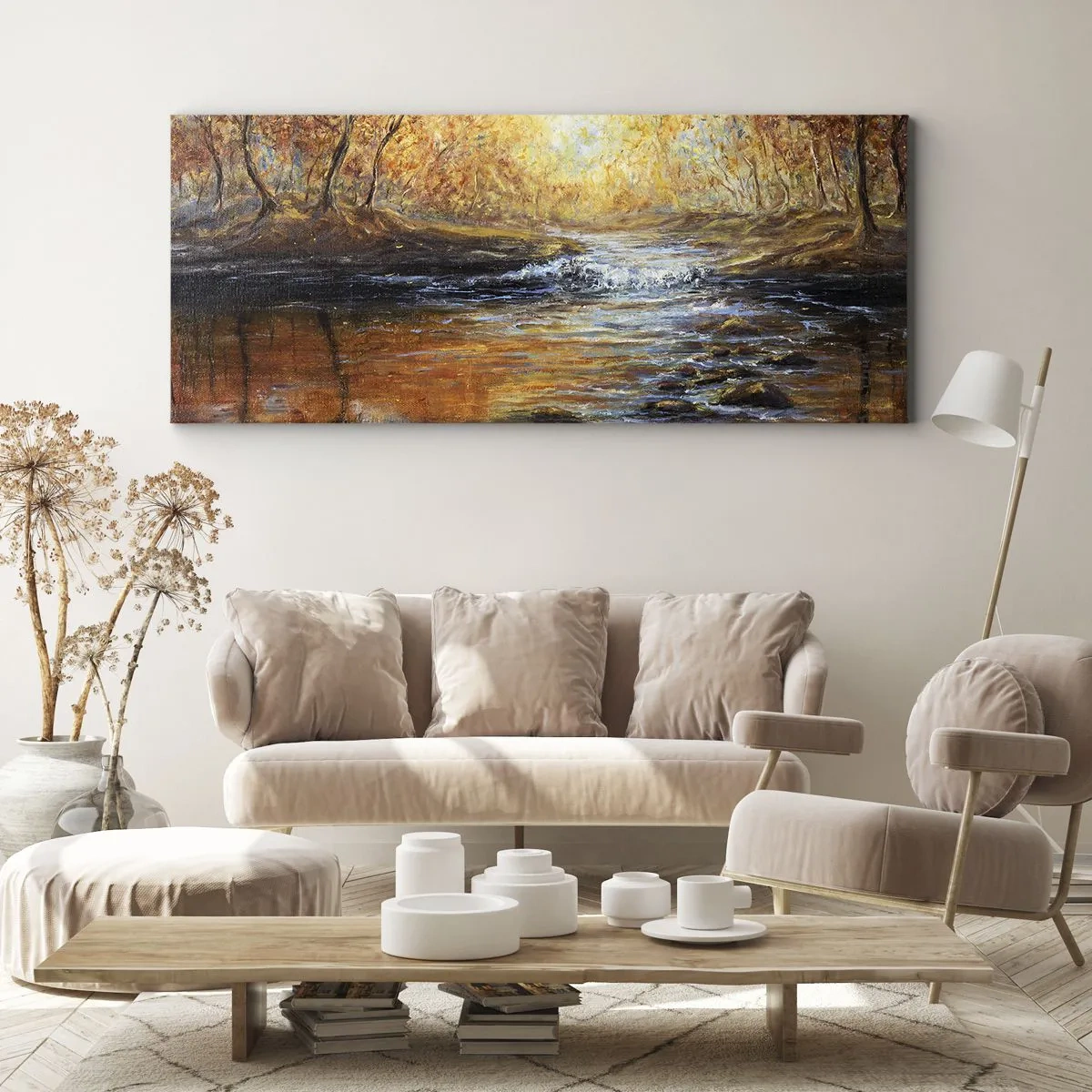 Impression sur toile - Image sur toile - Paysage d'automne avec une rivière parmi les arbres - 160x50cm - Le ruisseau d'or - Décoration murale moderne pour le salon et la chambre ARTTOR