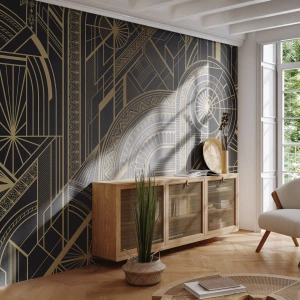 Papier Peint Photo Premium Canvas - Motifs géométriques dorés sur fond noir dans le style Art Déco - 100x70cm - Concept, idée, plan - Décoration murale moderne pour le salon et la chambre ARTTOR