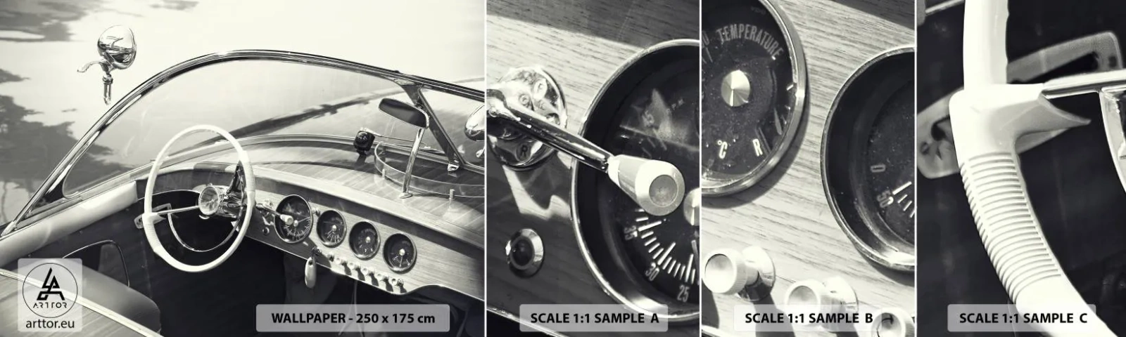 Échantillon de Papier Peint Autocollant Deluxe Sticker - Temps pour riche - Bateau d'époque, Bateau à moteur, Noir et blanc - 100x30 cm