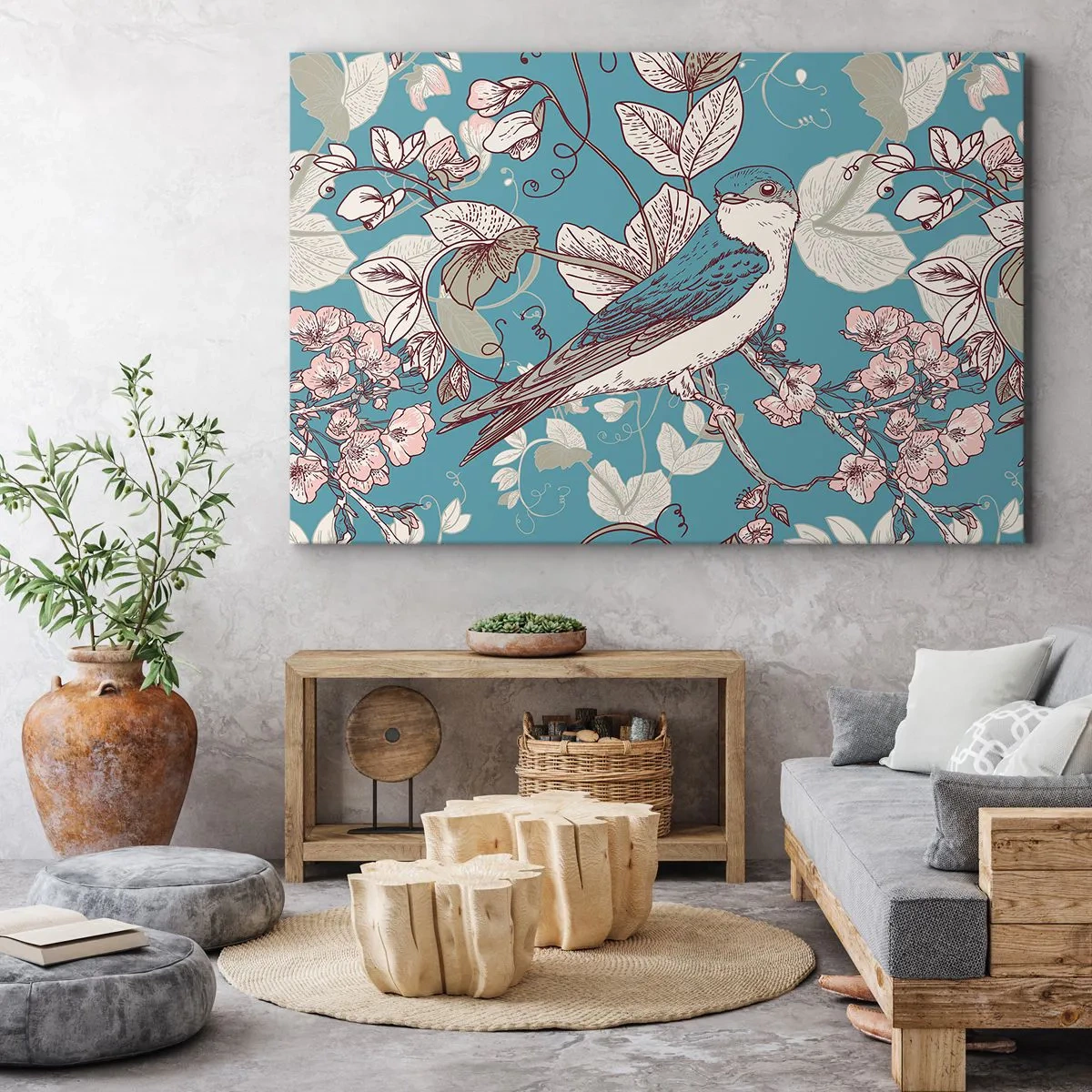 Impression sur toile - Image sur toile - Un oiseau sur une branche dans un style floral délicat - 70x50cm - Dans le bois blanc du rouge et de l'argent - Décoration murale moderne pour le salon et la chambre ARTTOR