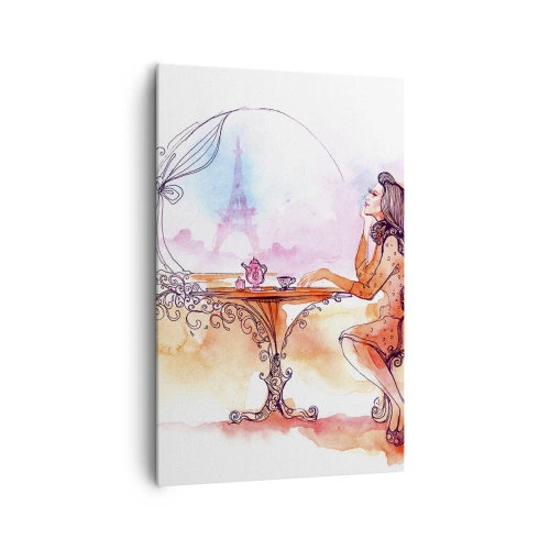 Impression sur toile - Image sur toile - Aquarelle romantique d'une femme dans un café surplombant une tour - 80x120cm - Le chic parisien - Décoration murale moderne pour le salon et la chambre ARTTOR