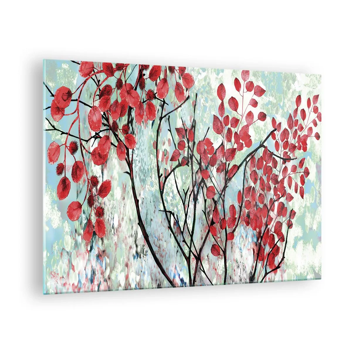 Impression sur verre - Image sur verre - Branches avec des feuilles rouges sur un fond peint - 70x50cm - Arbre en écarlate - Décoration murale moderne pour le salon et la chambre ARTTOR