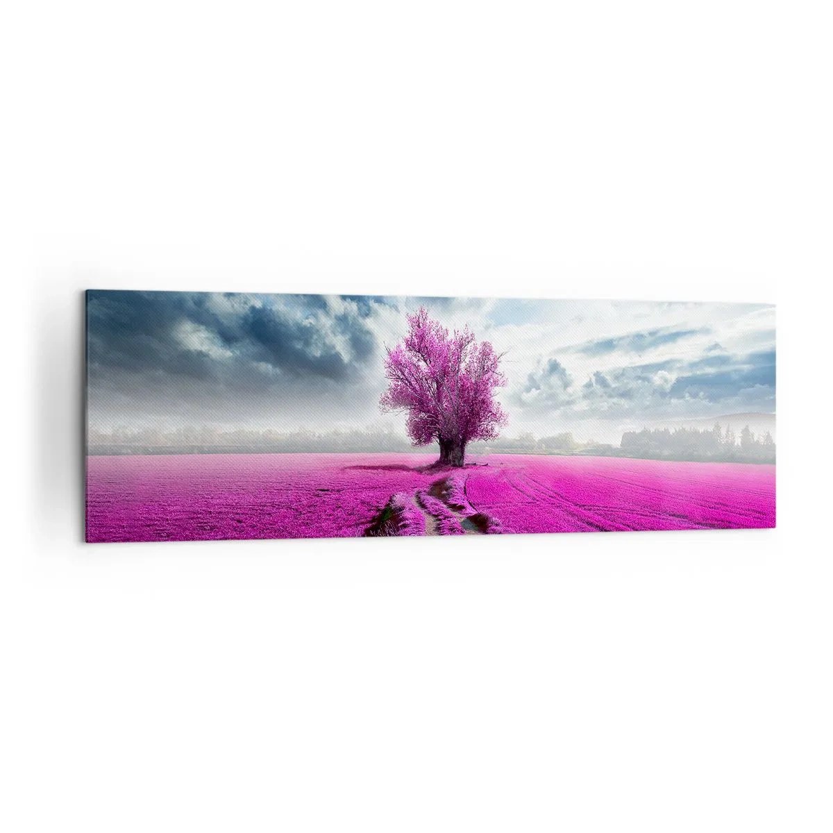 Impression sur toile - Image sur toile - Un arbre solitaire dans un champ dans une nuance de rose intense - 160x50cm - Lande - nature sauvage - Décoration murale moderne pour le salon et la chambre ARTTOR