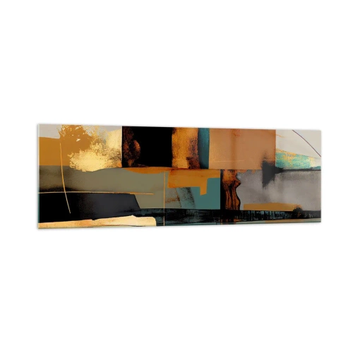 Impression sur verre - Image sur verre - Composition abstraite avec des éléments dorés et turquoise - 160x50cm - Abstraction – lumière et ombre - Décoration murale moderne pour le salon et la chambre ARTTOR