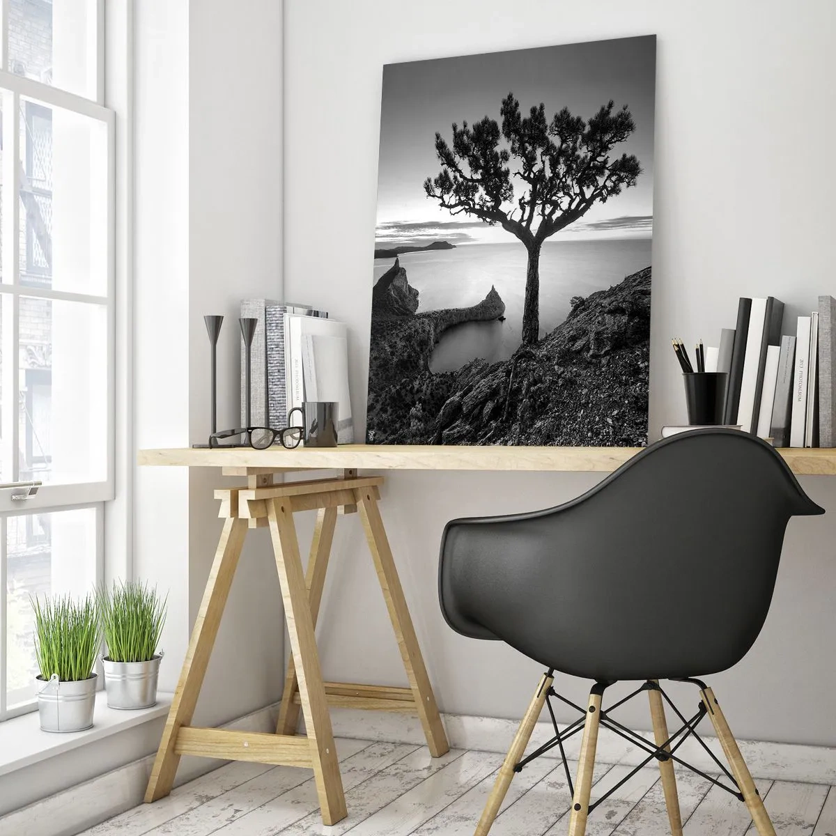 Impression sur verre - Image sur verre - Paysage noir et blanc avec un arbre solitaire sur une falaise au-dessus de la mer - 80x120cm - Paix jusqu'à l'horizon - Décoration murale moderne pour le salon et la chambre ARTTOR