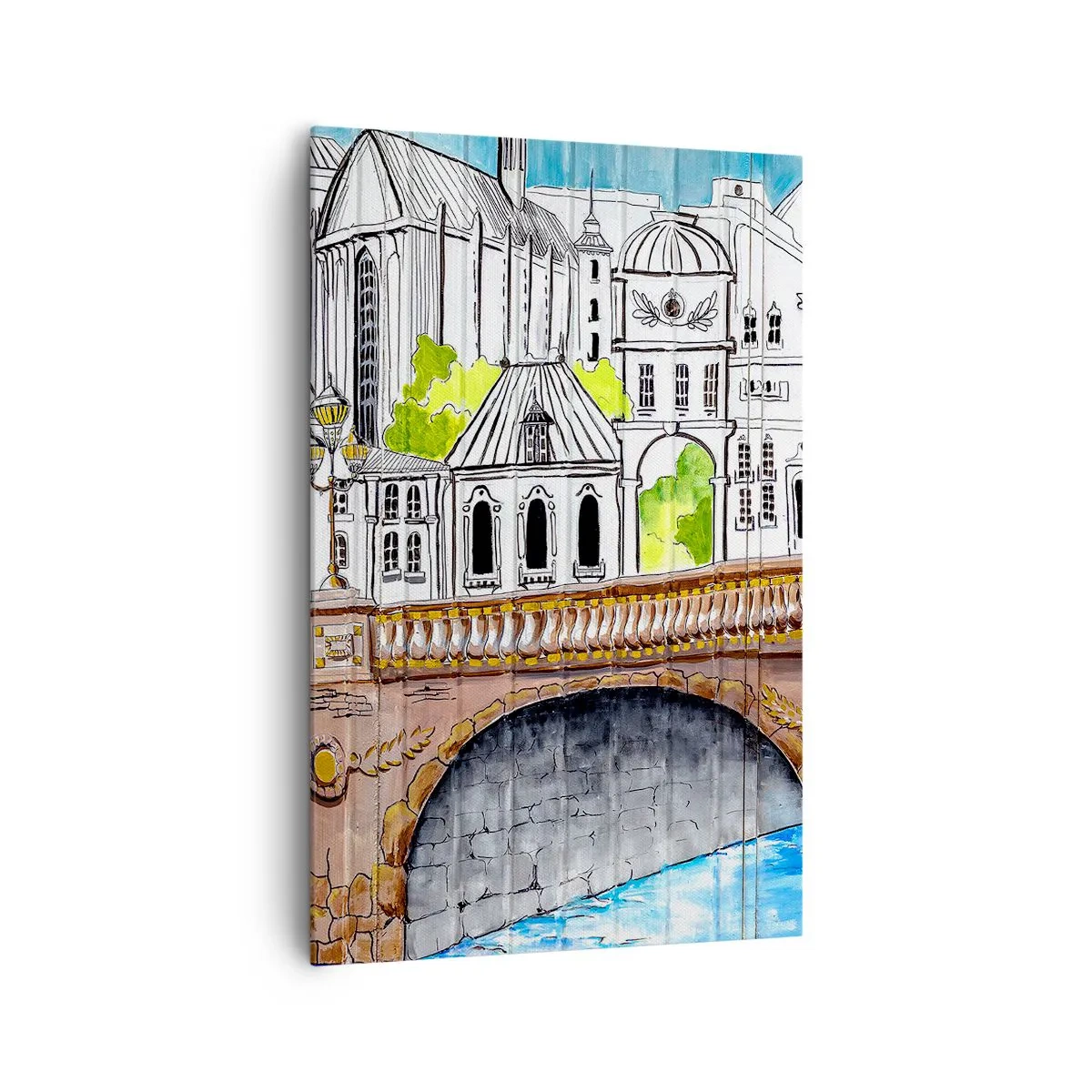 Impression sur toile - Image sur toile - Dessin du pont et de l'architecture urbaine historique - 80x120cm - Une ville comme peinte - Décoration murale moderne pour le salon et la chambre ARTTOR