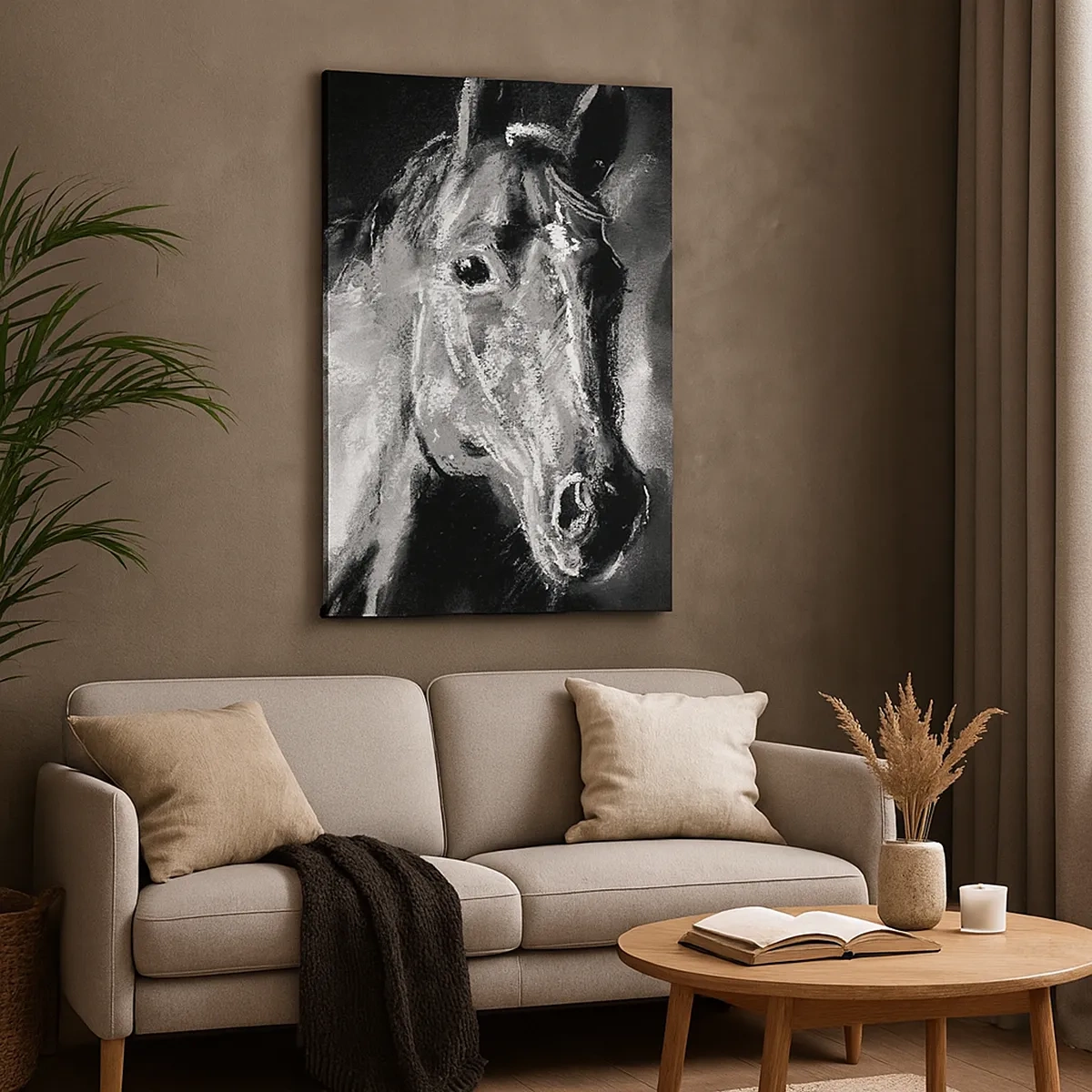 Impression sur toile - Image sur toile - Portrait d'un cheval dans un style dynamique en noir et blanc - 50x70cm - L'éclat d'une âme noble - Décoration murale moderne pour le salon et la chambre ARTTOR