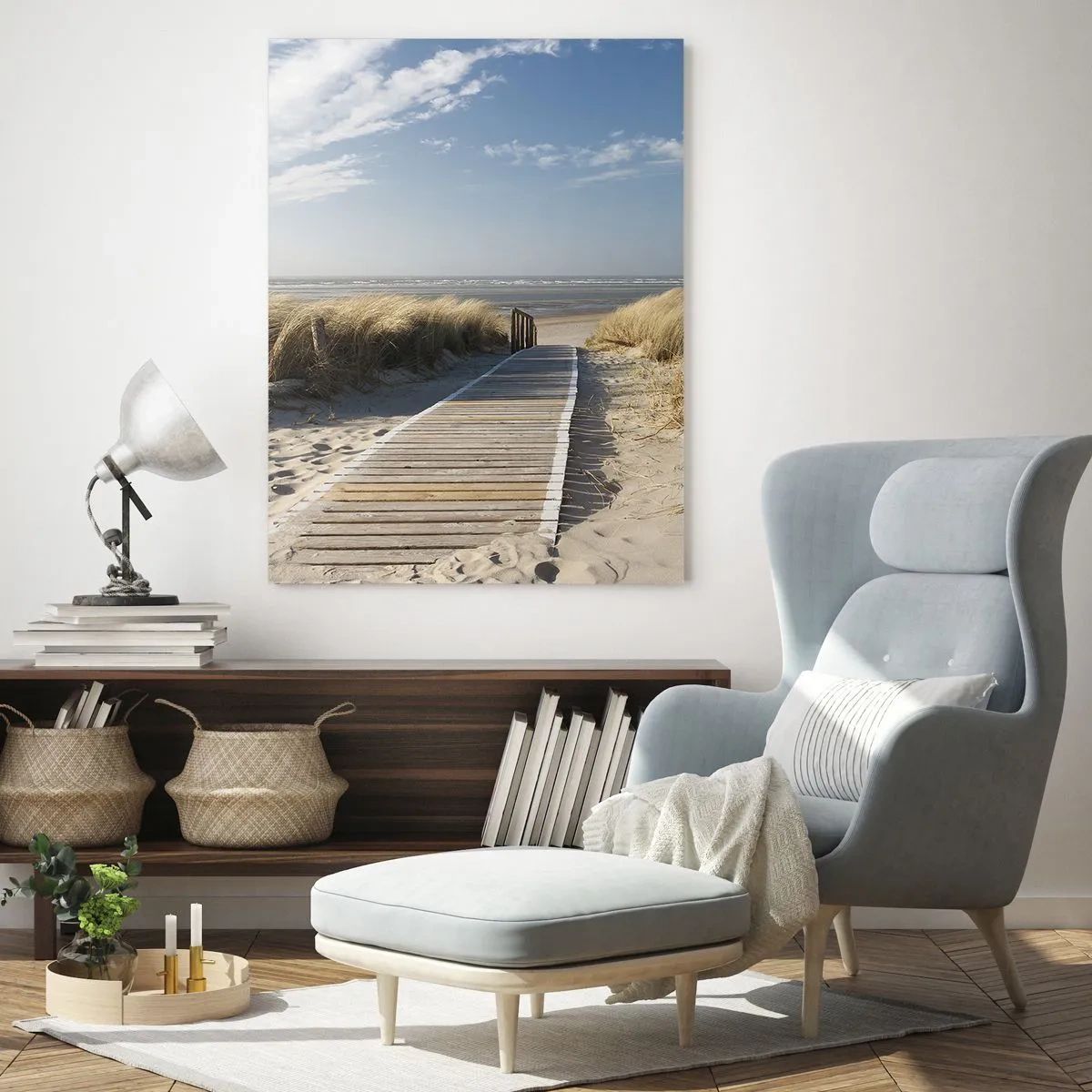 Impression sur verre - Image sur verre - Un chemin en bois mène à travers les dunes jusqu'à la mer calme - 80x120cm - Derrière la dune, dans le bruissement de l'herbe - Décoration murale moderne pour le salon et la chambre ARTTOR