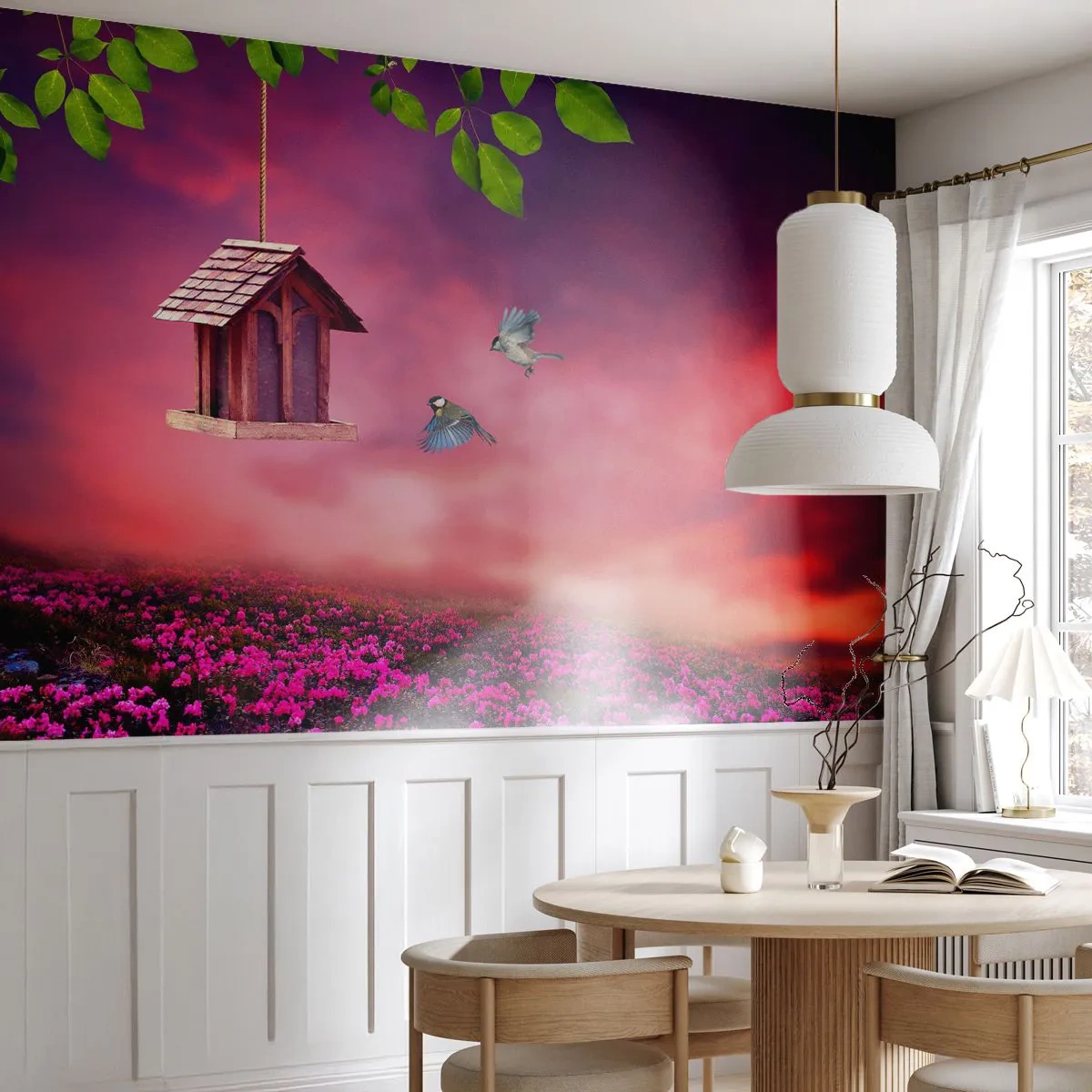 Papier Peint Photo Standard Eco - Invitation à dîner - Paysage, Fleurs, Nichoir - 300x210 cm
