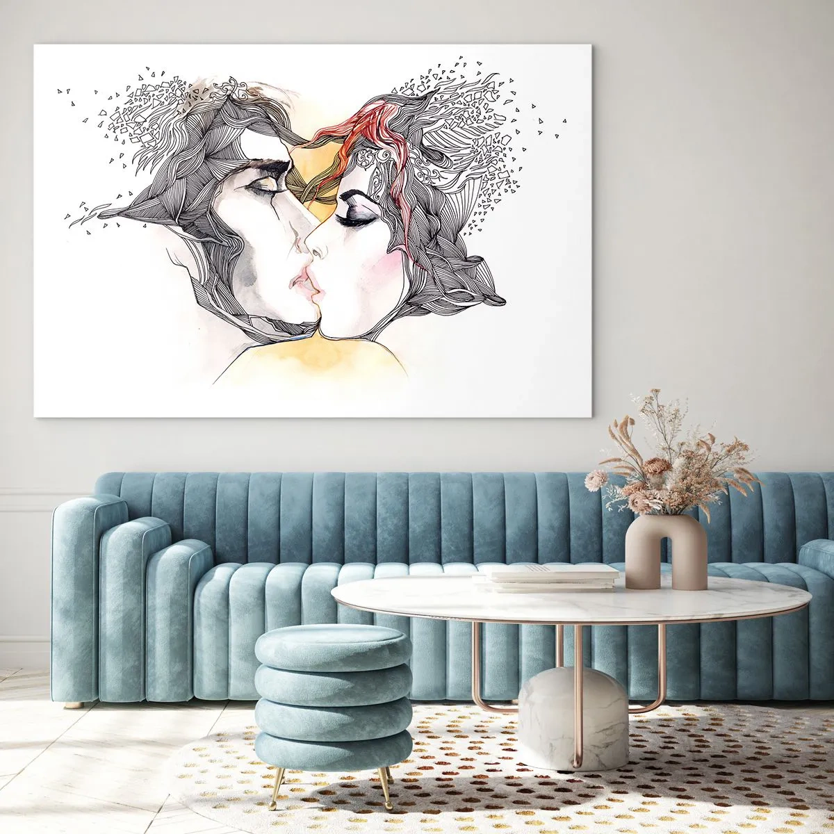 Impression sur verre - Image sur verre - Couple abstrait s'embrassant avec des motifs artistiques - 120x80cm - Le monde n'existe pas - Décoration murale moderne pour le salon et la chambre ARTTOR