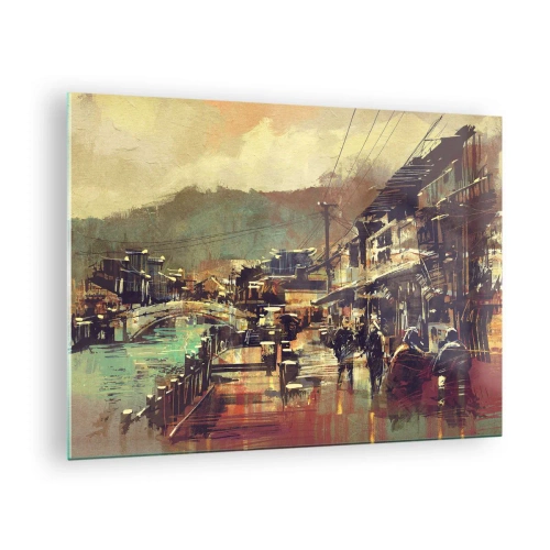 Impression sur verre - Image sur verre - Un paysage de rue dans un style pictural avec un motif de pont et de canal. - 70x50cm - La vie comme une richesse de gris - Décoration murale moderne pour le salon et la chambre ARTTOR