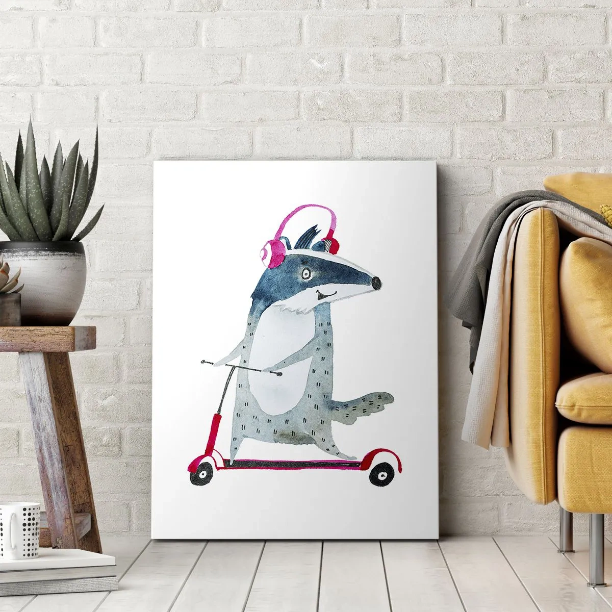 Impression sur toile - Image sur toile - Blaireau sur un scooter avec des écouteurs roses - 50x70cm - La joie du blaireau - Décoration murale moderne pour le salon et la chambre ARTTOR