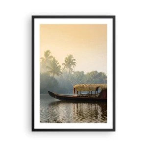 Affiche dans un cadre noir - Poster - Bateau traditionnel sur une rivière parmi les palmiers au coucher du soleil - 50x70cm - Maison sur la rivière - Décoration murale moderne pour le salon et la chambre ARTTOR