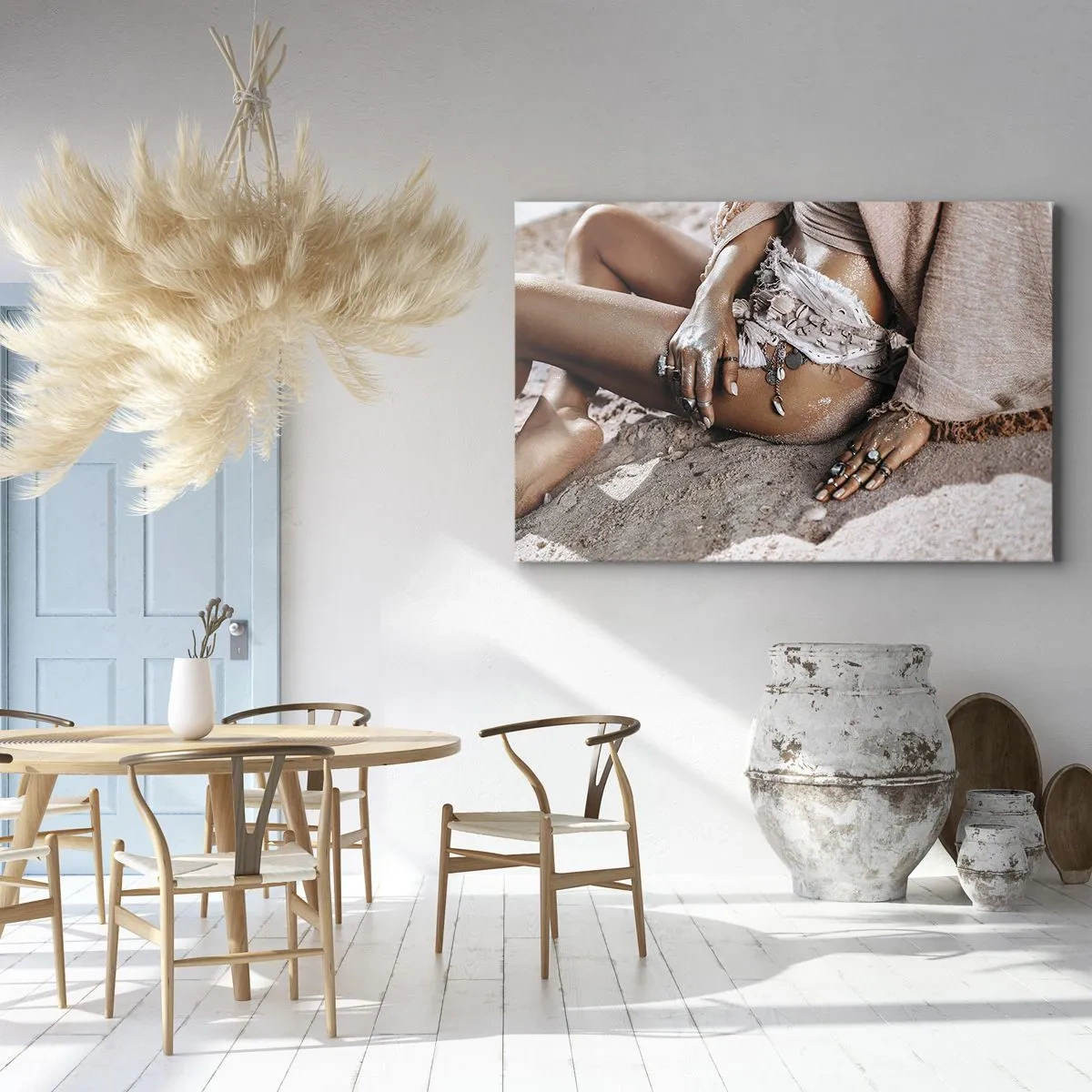 Impression sur toile - Image sur toile - Femme bohème sur la plage avec des bijoux - 120x80cm - Rejeté par la vague? - Décoration murale moderne pour le salon et la chambre ARTTOR