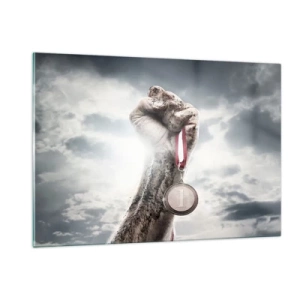 Impression sur verre - Image sur verre - Une main tenant une médaille sur un fond de nuages - 120x80cm - Per aspera ad astra - Décoration murale moderne pour le salon et la chambre ARTTOR