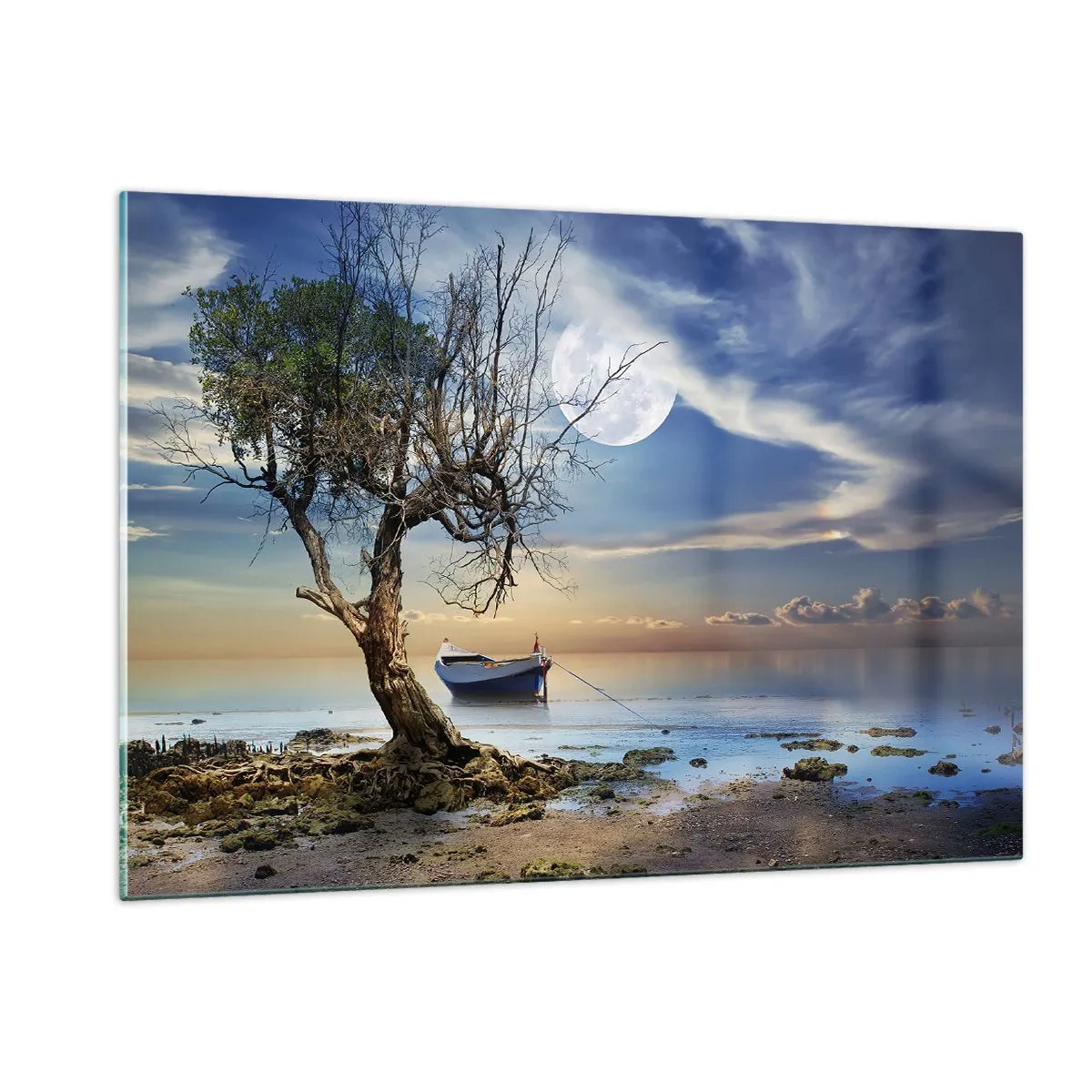 Impression sur verre - Image sur verre - Un bateau solitaire près d'un arbre sur fond de lune - 120x80cm - Est-ce la fin ou le début ? - Décoration murale moderne pour le salon et la chambre ARTTOR