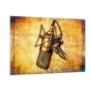 Impression sur verre - Image sur verre - Un microphone doré sur un fond vintage - 120x80cm - Les années d'or de la radio - Décoration murale moderne pour le salon et la chambre ARTTOR