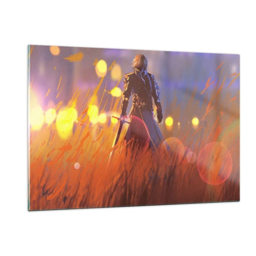 Impression sur verre - Image sur verre - Une silhouette en armure parmi l'herbe orange avec un fond lumineux. - 120x80cm - Chevalier errant - Décoration murale moderne pour le salon et la chambre ARTTOR