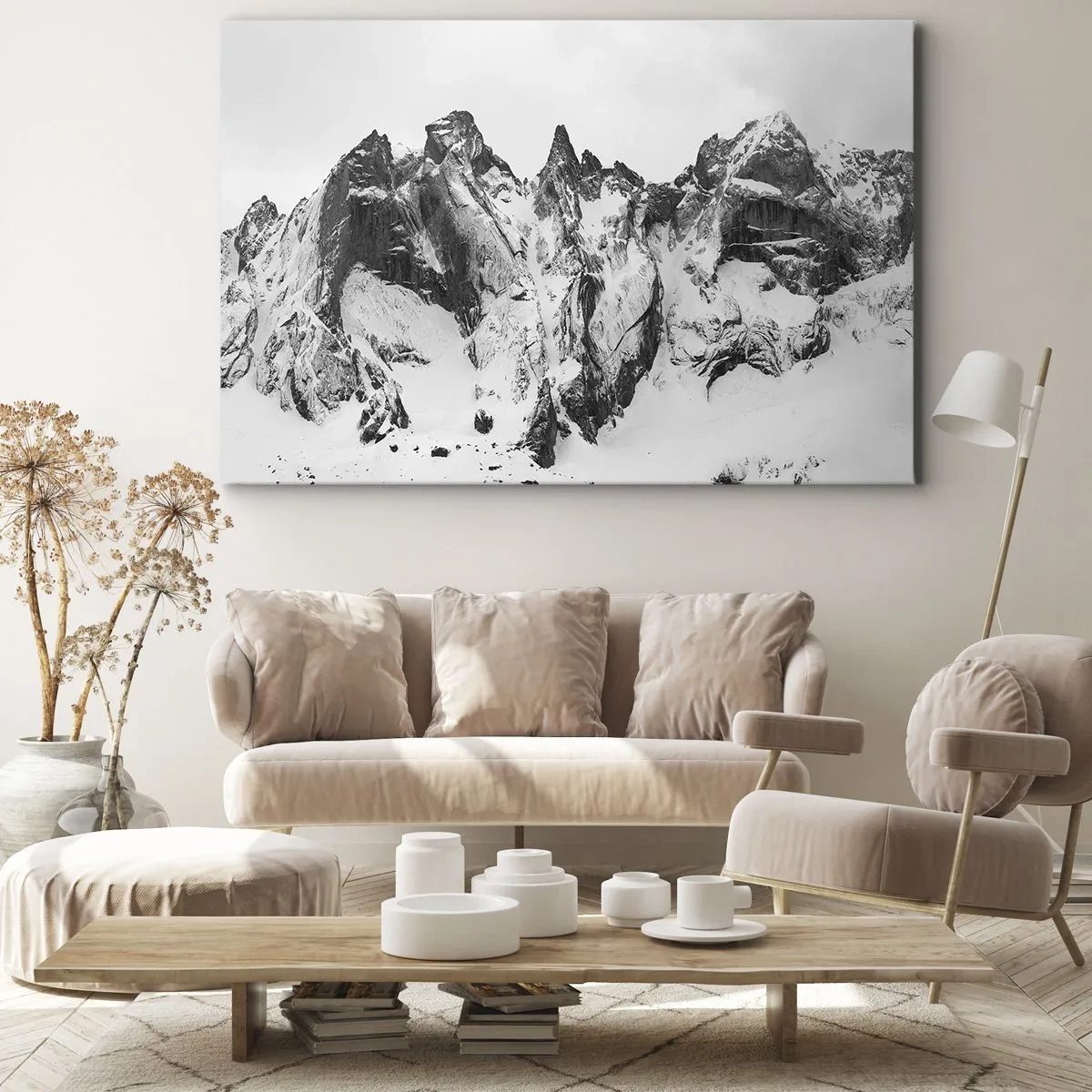 Impression sur toile - Image sur toile - Des sommets enneigés en noir et blanc - 70x50cm - Crête dangereuse de granit - Décoration murale moderne pour le salon et la chambre ARTTOR
