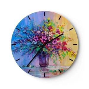 Horloge murale - Pendule murale - Un bouquet de fleurs colorées dans un vase en verre sur un fond pastel - 30x30cm - Cadeau d'été de la prairie - Décoration murale moderne pour le salon, la cuisine et la chambre ARTTOR
