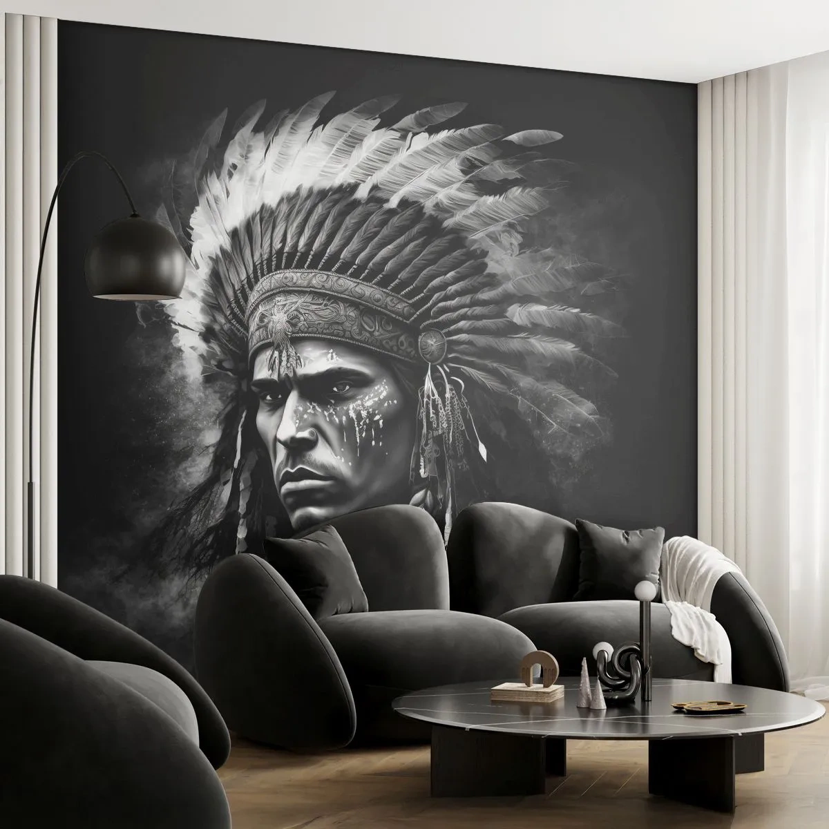 Papier Peint Photo Premium Sand - Portrait d'un guerrier portant une coiffe à plumes sur fond noir - 100x70cm - Un leader et un guerrier - Décoration murale moderne pour le salon et la chambre ARTTOR
