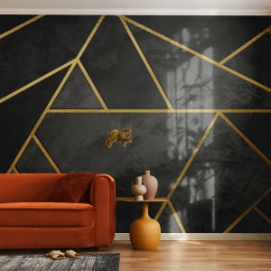 Papier Peint Photo Premium Sand - Motif géométrique doré sur fond noir - 100x70cm - Obscurité et éclat - Décoration murale moderne pour le salon et la chambre ARTTOR