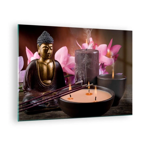 Impression sur verre - Image sur verre - Composition de relaxation avec Bouddha, bougies et fleurs - 70x50cm - Vider l'esprit, calmer le corps - Décoration murale moderne pour le salon et la chambre ARTTOR