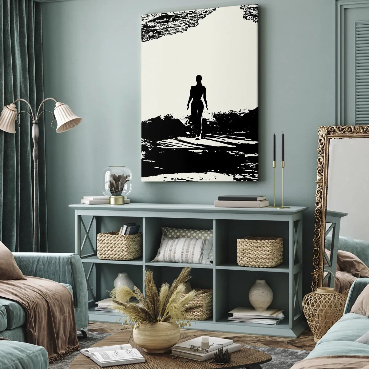 Impression sur toile - Image sur toile - Silhouette noire et blanche d'une femme dans une grotte contre le ciel - 70x100cm - Nouveau look - Décoration murale moderne pour le salon et la chambre ARTTOR