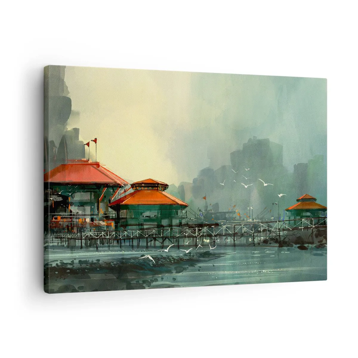 Impression sur toile - Image sur toile - Bâtiments portuaires dans un paysage pluvieux avec des mouettes - 70x50cm - Une journée ensoleillée au port - Décoration murale moderne pour le salon et la chambre ARTTOR