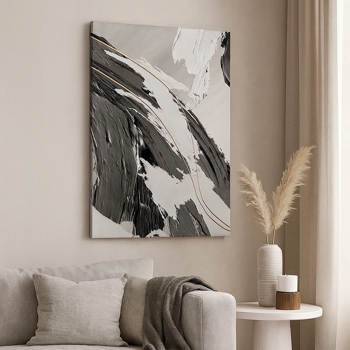 Impression sur toile - Image sur toile - Coups de pinceau noirs et blancs avec une subtile touche dorée - 50x70cm - L'abstraction à grande échelle - Décoration murale moderne pour le salon et la chambre ARTTOR
