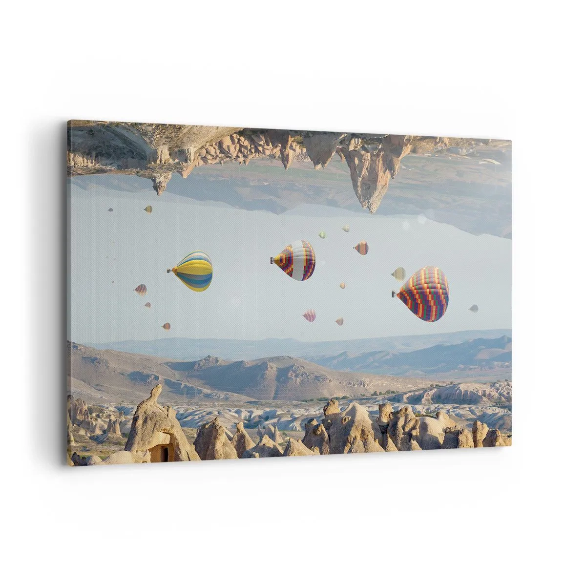 Impression sur toile - Image sur toile - Ballons colorés au-dessus d'un paysage rocheux - 120x80cm - Ici, tout est possible - Décoration murale moderne pour le salon et la chambre ARTTOR