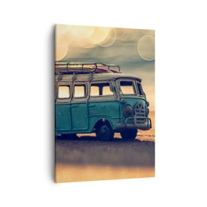 Impression sur toile - Image sur toile - Bus rétro contre une lumière floue - 50x70cm - La fin des idoles : argent et travail - Décoration murale moderne pour le salon et la chambre ARTTOR