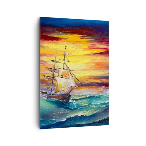Impression sur toile - Image sur toile - Un voilier sur fond de coucher de soleil coloré - 70x100cm - Courageusement sous les vagues - Décoration murale moderne pour le salon et la chambre ARTTOR