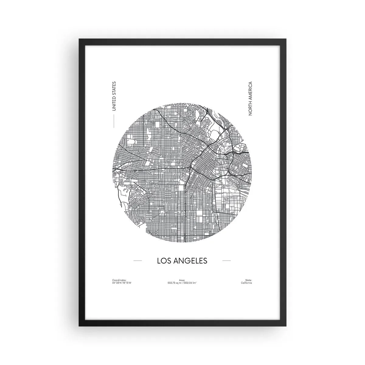 Affiche dans un cadre noir - Poster - Une carte minimaliste de Los Angeles en noir et blanc. - 50x70cm - Anatomie de Los Angeles - Décoration murale moderne pour le salon et la chambre ARTTOR