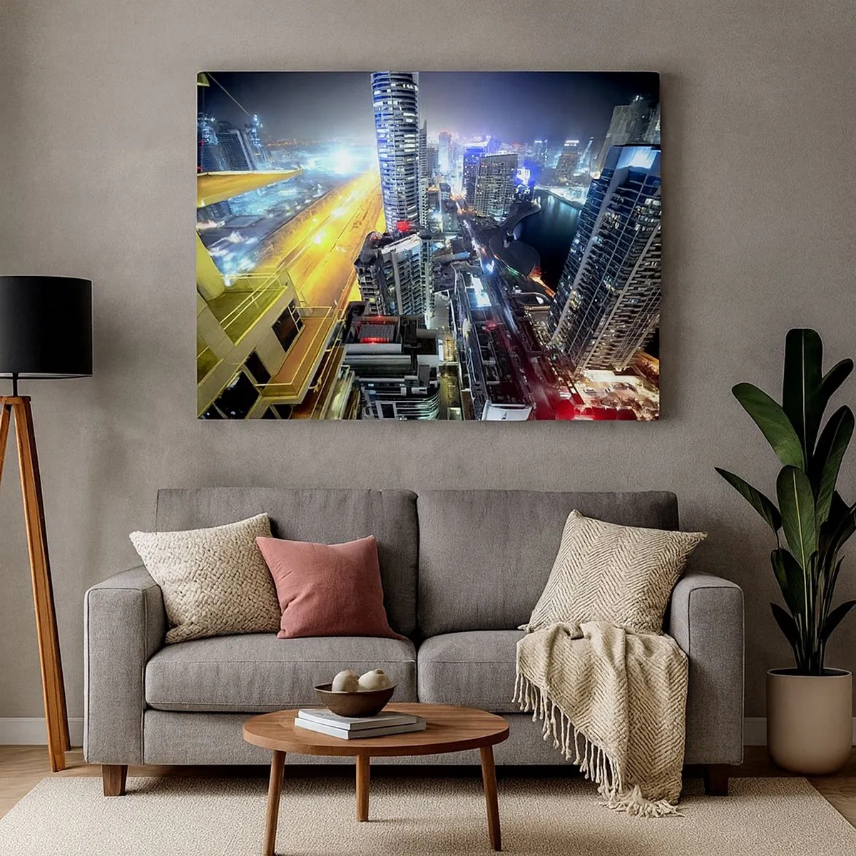 Impression sur toile - Image sur toile - Panorama de la ville nocturne avec des gratte-ciel illuminés - 70x50cm - Un miracle dans le désert - Décoration murale moderne pour le salon et la chambre ARTTOR