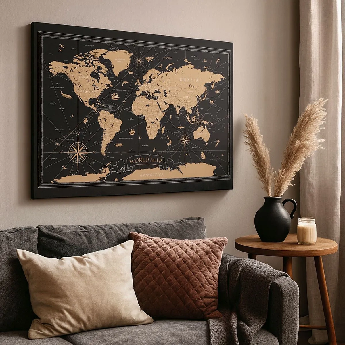 Impression sur toile - Image sur toile - Une carte du monde stylisée sur fond noir avec des accents beiges. - 70x50cm - Les limites de mon monde - Décoration murale moderne pour le salon et la chambre ARTTOR