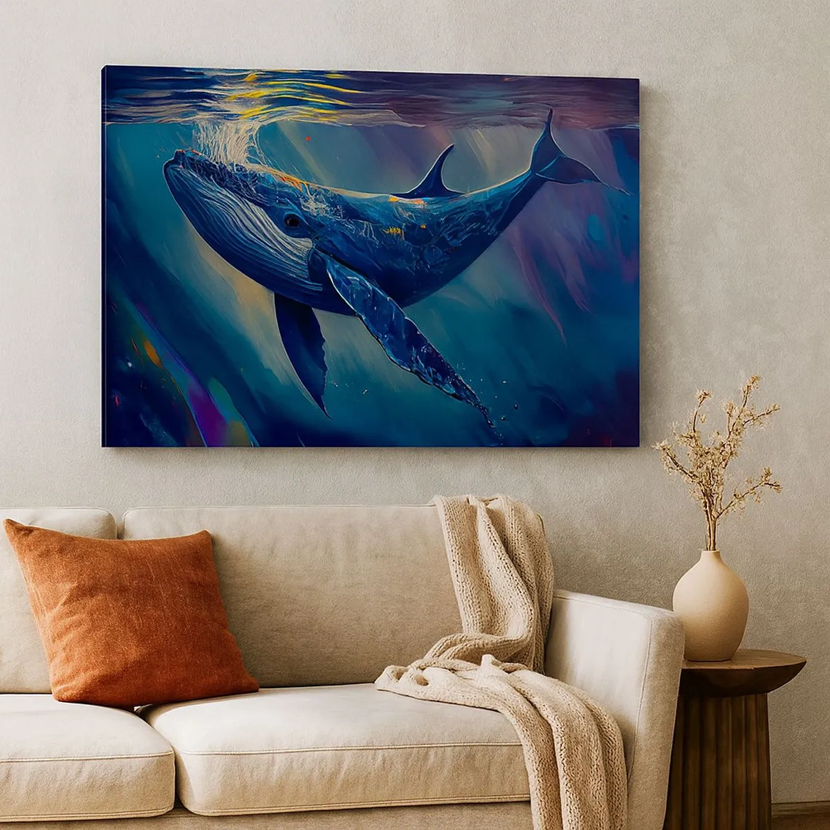 Impression sur toile - Image sur toile - Une baleine dans les profondeurs de l'océan aux couleurs lumineuses - 70x50cm - Bienvenue dans mon monde - Décoration murale moderne pour le salon et la chambre ARTTOR